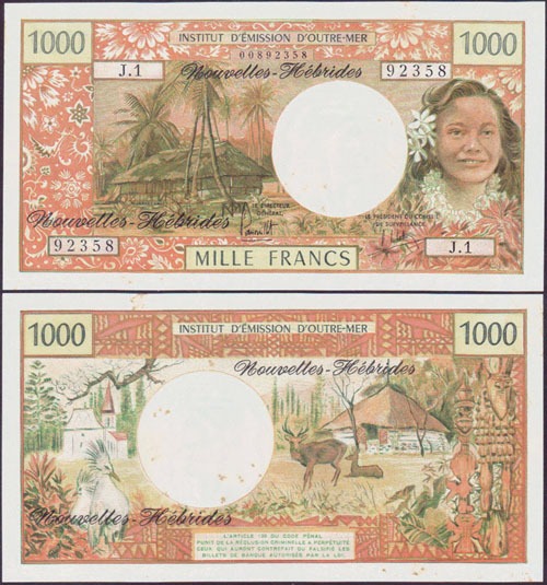 1975 New Hebrides 1,000 Francs (aUnc) L001471